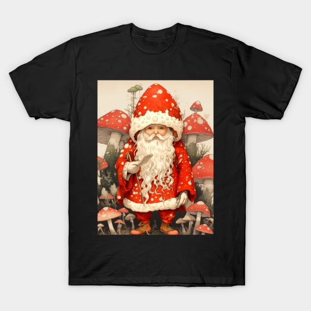 Santa Claus: Santa is the Mushroom (Amanita Muscaria Mushroom) on a Dark Background T-Shirt by Puff Sumo